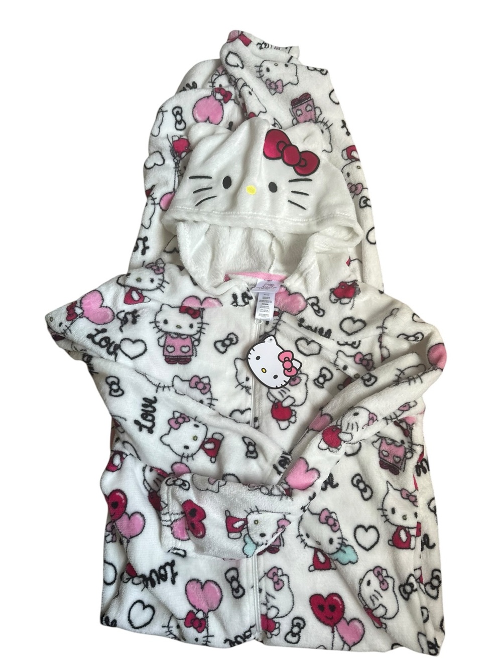 Hello Kitty Valentine’s Day Plush Fleece Hooded Pajama Jumpsuit – Size Medium